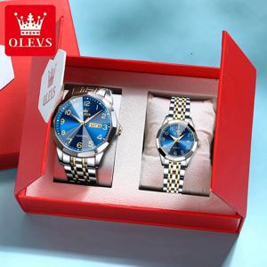 OLEVS 남녀공용 럭셔리 커플 시계, 스테인리스 스틸 방수 달력 손목시계, 디지털 다이얼, 마름모 거울, 연인 시계, 9970