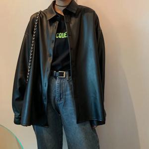 여성용 캐주얼 루즈 PU 가죽 블라우스, 기본 코트, 모터 바이커 재킷, 용수철 가을 블랙 인조 가죽 재킷