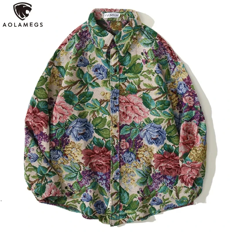 Aolamegs 남성용 오버사이즈 셔츠, 빈티지 수채화 꽃무늬 프린트 코트, 레트로 하라주쿠 힙합 패션, 캐주얼 스트리트웨어, 가을