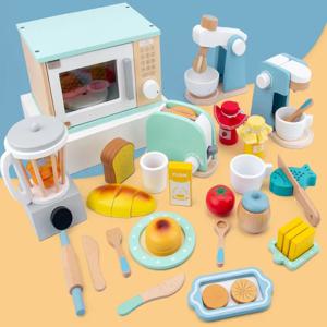 목재 주방 상상의 집 장난감 시뮬레이션 토스터기 커피 머신, 음식 교반기, 어린이 놀이 조기 교육 선물