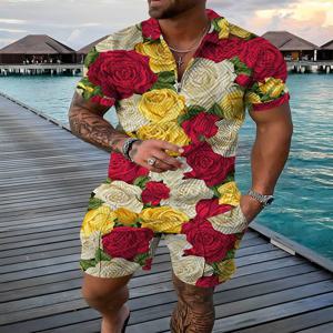 여름 트렌드 남자 운동복 세트 다채로운 꽃 3D 인쇄 캐주얼 지퍼 칼라 폴로 셔츠 + 반바지 2 피스 세트, 패션 남자 옷