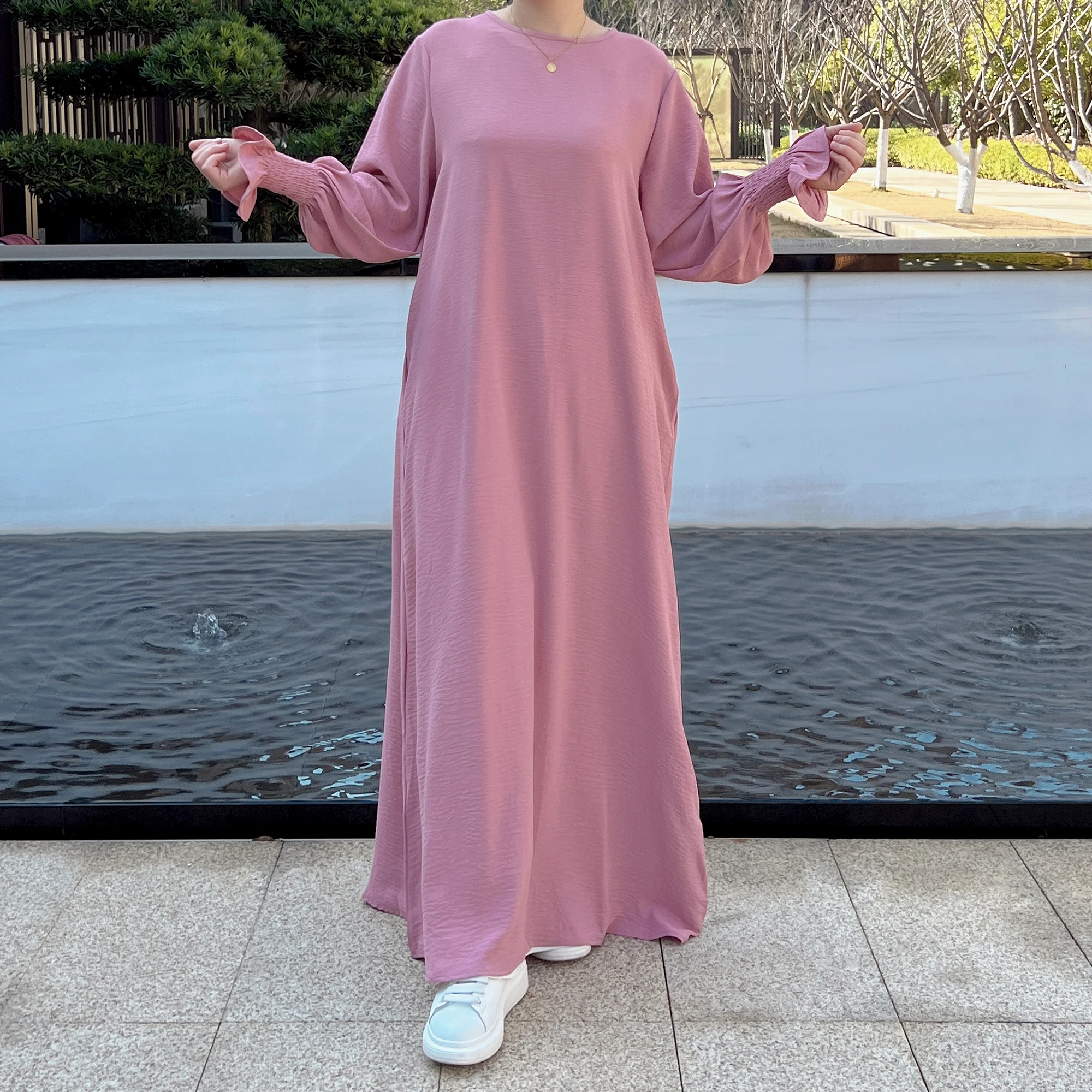 아바야 이너 롱 슬립 드레스, 단색, 스모크 커프스, 이슬람 의류, 무슬림 여성 캐주얼, 두바이 터크, 겸손하고 히자비 로브