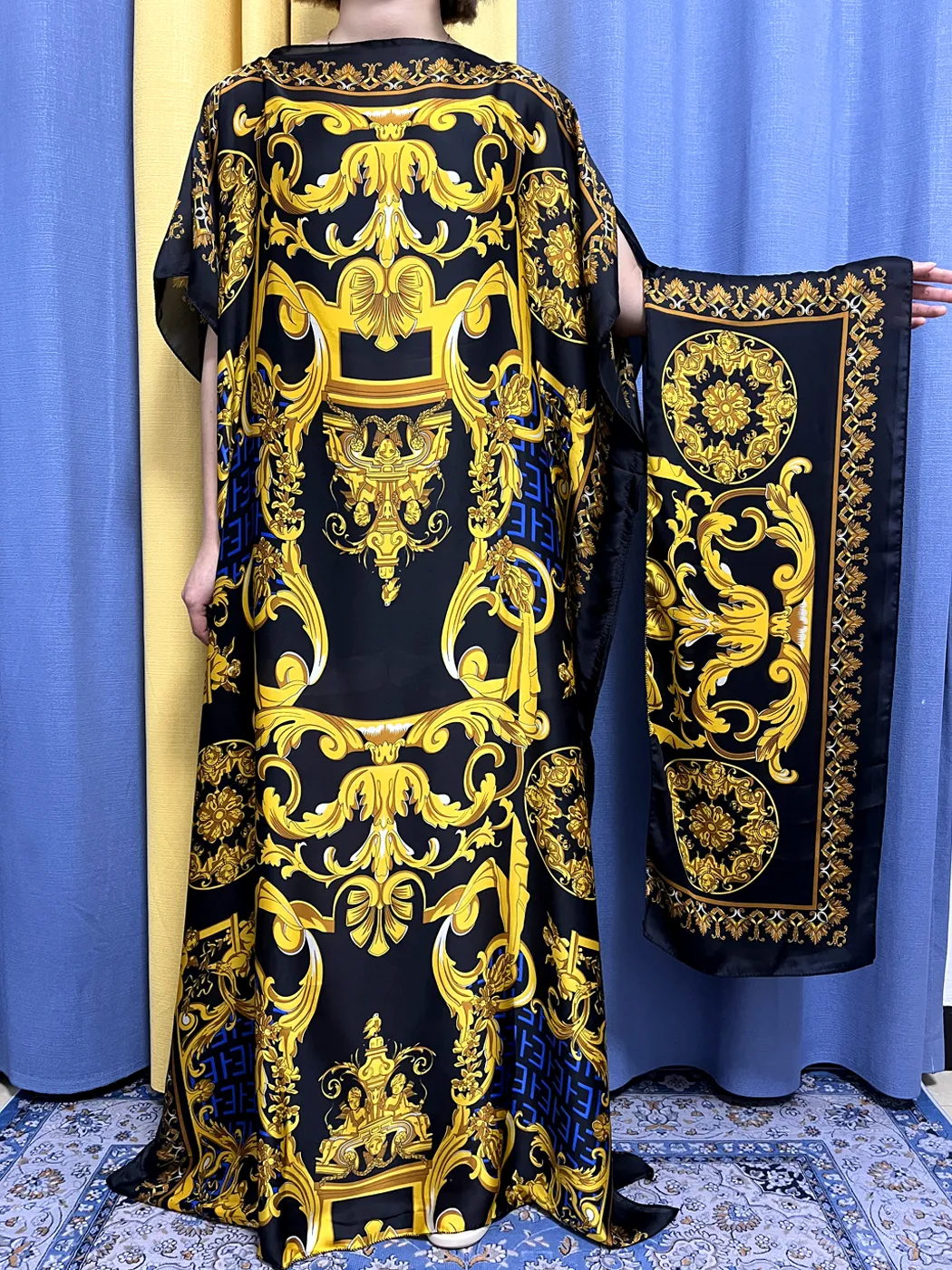아바야 여성용 2023 프린트 실크 로브, 부드러운 루즈핏 로브, 아프리카 이슬람 여성 터번 드레스, 무슬림 패션 의류, 여름