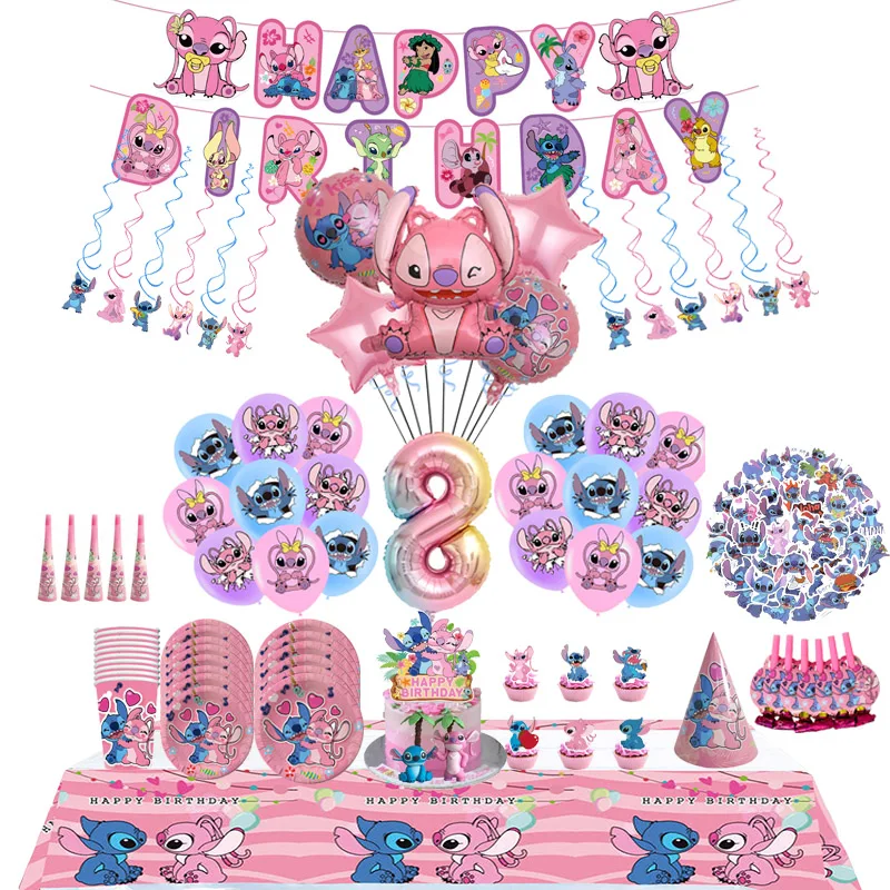 디즈니 핑크 릴로 & 스티치 생일 파티 장식, 일회용 접시, 천사 풍선, 베이비 샤워, 소녀 생일 파티 용품