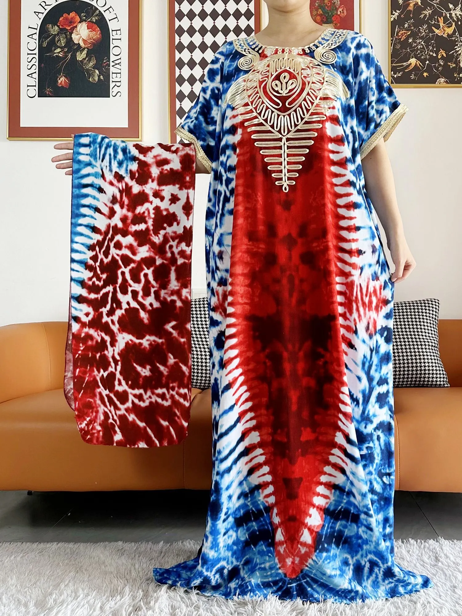타이드라이 반팔 맥시 느슨한 아프리카 우아한 드레스, Dashiki 100% 코튼 꽃 원피스 프린트, 2024 신상