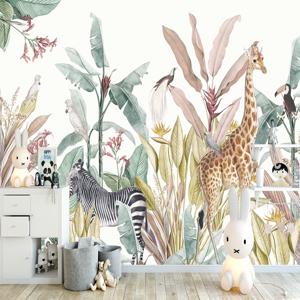 Milofi 전문 3D 대형 벽지 벽화, 손으로 그린 북유럽 숲, 작은 동물 그림, 어린이 배경 벽