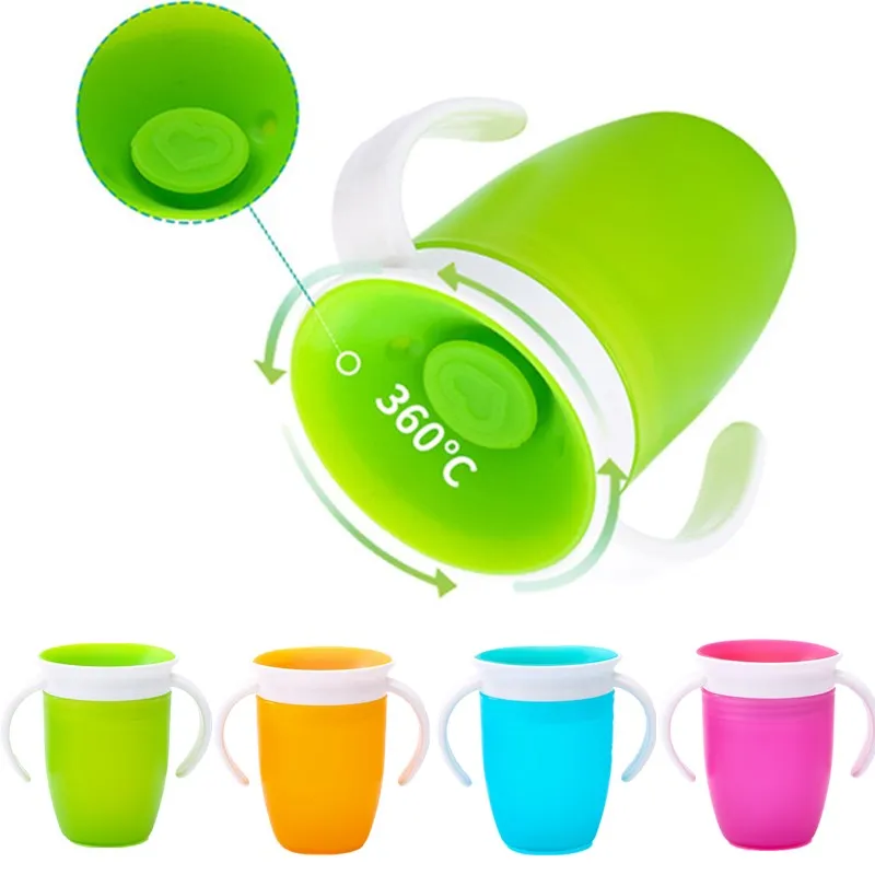더블 핸들 플립 뚜껑이 달린 아기 학습 마시는 컵, 누수 방지 실리콘 물컵 병, 360 도 회전 가능