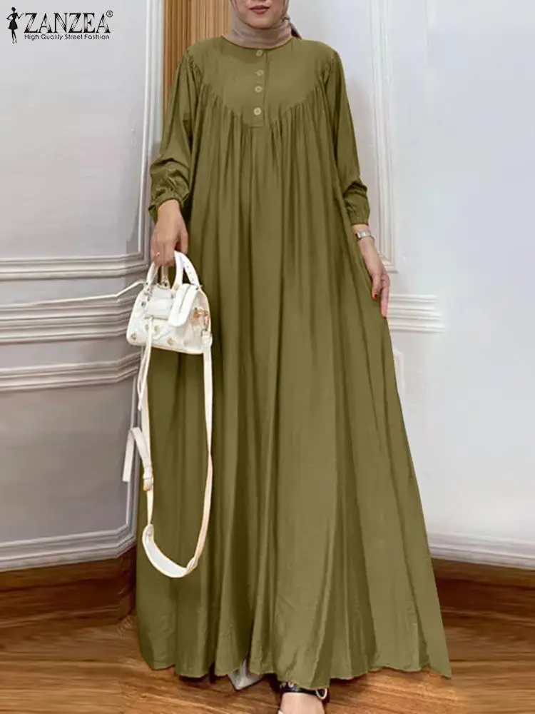 ZANZEA 여성용 빈티지 단색 이슬람 드레스, 빈티지 터키 로브, 긴팔 O넥 선드레스, 캐주얼 파티 이슬람 의류 2023