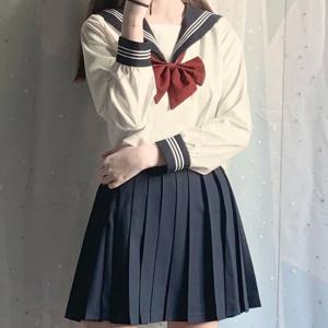 여성용 일본 교복, JK 세트, 레드 타이, 화이트, 3 기본 세일러 유니폼, 긴 소매 세트, 섹시한 용수철 및 가을