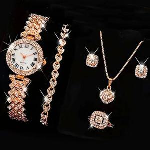 여성용 반지 목걸이 귀걸이, 라인석 패션 손목 시계, 여성 캐주얼 시계 팔찌 세트, 시계 Reloj, 5 개 세트