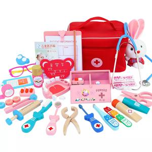 어린이용 의사 장난감 세트, 나무 척 놀이 키트, 여아 남아용 게임, 빨간 의료 치과 의사 약 상자, 천 가방