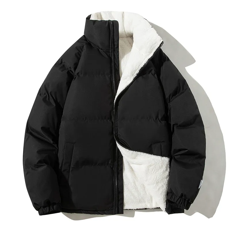 남성용 솔리드 루즈 코트, 두꺼운 보온 재킷, 스탠드 칼라 플리스 퍼퍼 파카, 하라주쿠 겉옷, 2023 겨울 신상