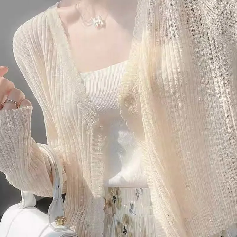 태양 보호 니트 카디건 겉옷 여성 여름 얇은 디자인 감각 세련된 아름다운 탑 야외 양복 조끼 커버