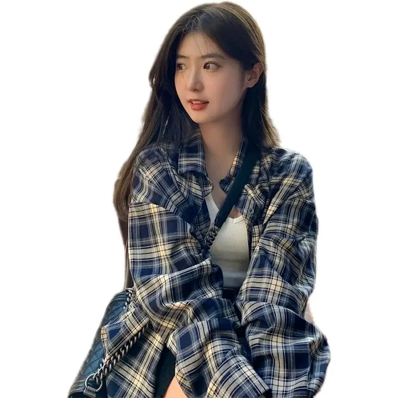 Plaidshirt 여성 빈티지 긴 소매 탑 유휴 스타일 카디건 자켓 봄 가을 시즌 과도기적 의류 캐주얼 시크