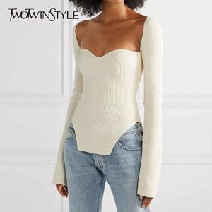 TWOTWINSTYLE 여성용 화이트 사이드 스플릿 니트 스웨터, 스퀘어 칼라, 긴팔 스웨터, 가을 패션, 새로운 옷 2022