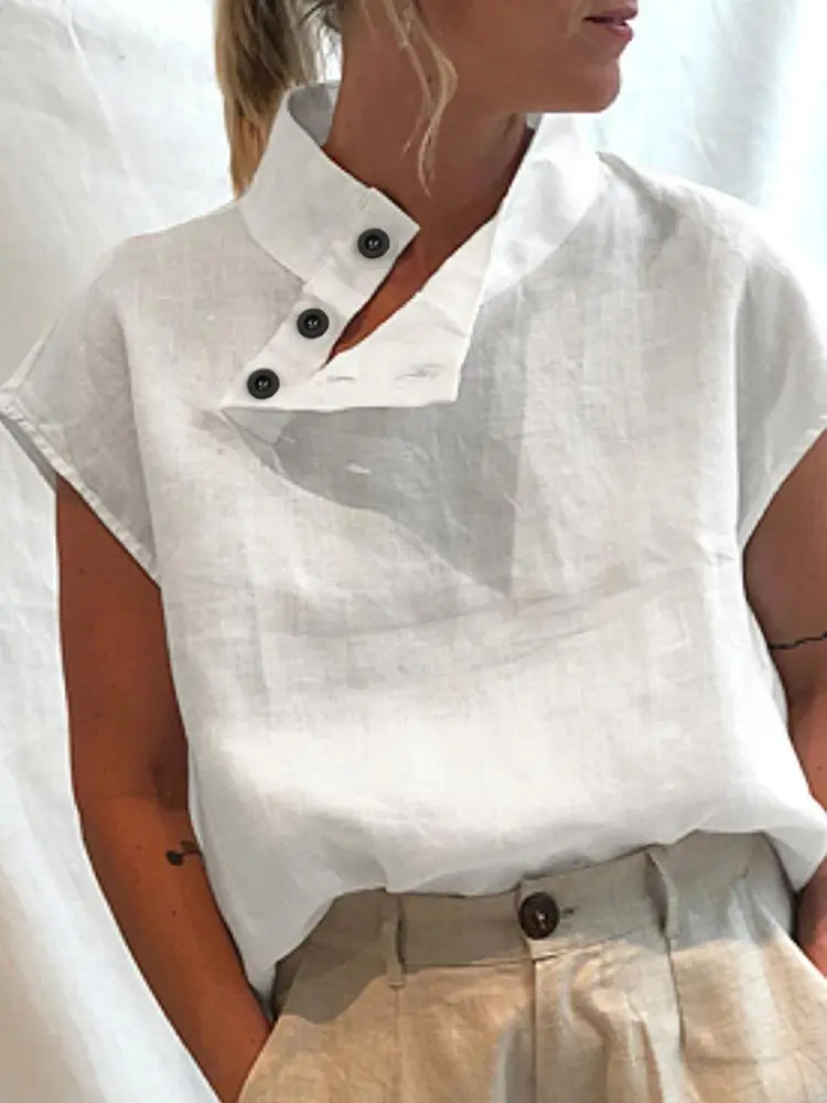 Celmia 여성용 코튼 린넨 블라우스, 세련된 화이트 셔츠, 우아한 반팔 튜닉, 경량 블라우스, 2023 여름 패션