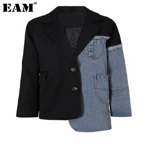 [EAM] 여성용 블루 데님 불규칙 캐주얼 블레이저, 라펠 긴팔 루즈핏 재킷, 패션 타이드 용수철, 가을 2024, 1DH533905, 신상