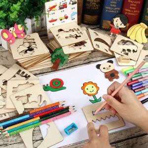 몬테소리 어린이 그림 장난감, DIY 페인팅 스텐실 템플릿, 나무 공예 장난감, 퍼즐 교육용 장난감, 어린이 생일 선물