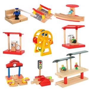 나무 기차 트랙 장면 액세서리, 나무 더블 플랫폼, 가스 스테이션, 비행기, 공항 교육, 어린이용 DIY 장난감