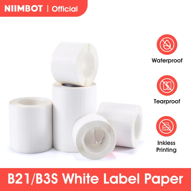 NIIMBOT-B21 B3S 감열 라벨 2 롤, 의류 가격 식품 자체 접착 태그 방수 스마트 오피스 포켓 프린터 라벨 용지