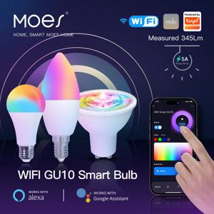 Moes WiFi LED 전구 GU10 E27 E14 촛불 램프 스마트 16Million RGBCCT 2700-6500K 조광 가능 조명 Tuya Alexa Google 90-250V 6W