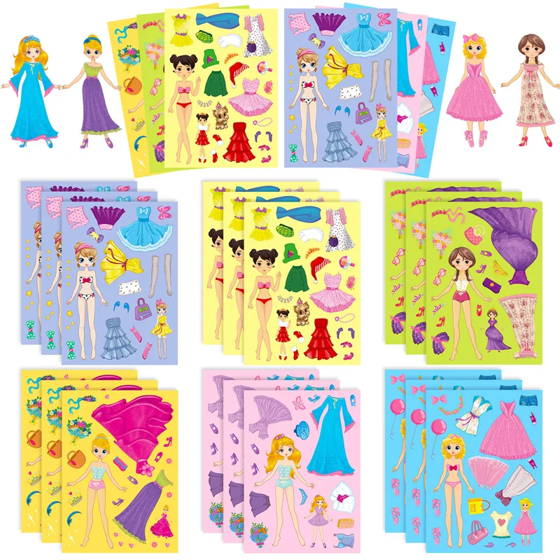 어린이용 공주 드레스업 DIY 스티커, A-페이스 스티커 패드, 나만의 소녀 퍼즐 직소 파티 용품 만들기, 6-24 매
