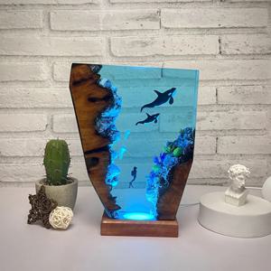 해저 세계 유기체 송진 테이블 조명, 창의적인 아트 장식 램프, 고래 다이버 해파리 테마 야간 조명, USB 충전