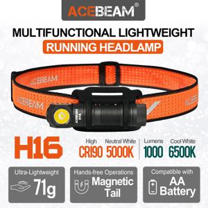 ACEBEAM H16 초경량 헤드램프, AA LED 직각 조명, EDC 손전등, 5000K CRI 90/6500K 1000 루멘