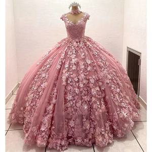 ANGELSBRIDEP 핑크 3D 꽃 성인식 드레스, 럭셔리 진주 구슬 장식 아플리케, 생일 파티 공주, 15 세 이상
