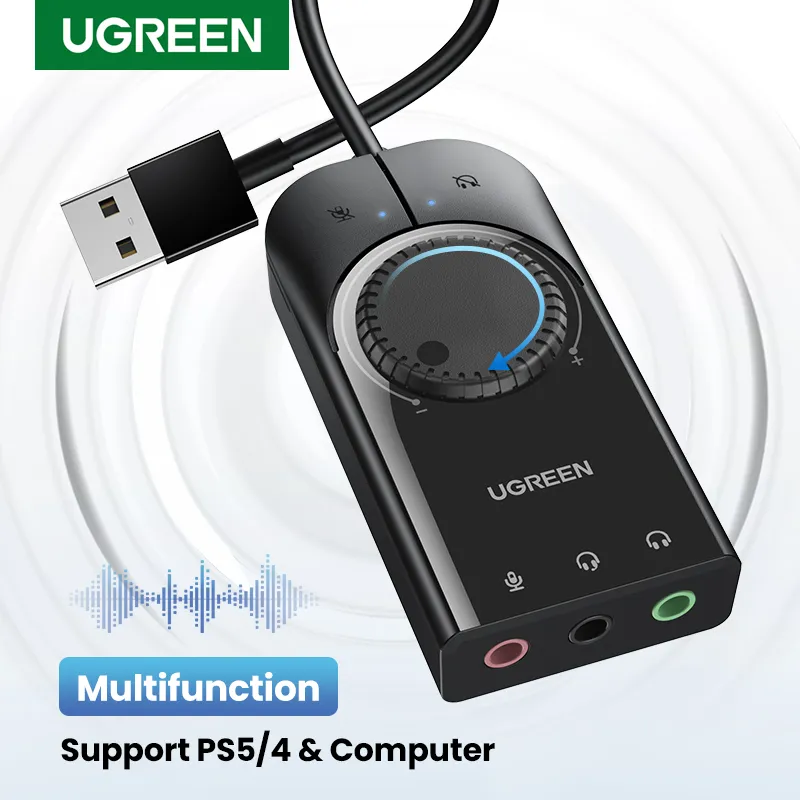 UGREEN-사운드 카드 USB 오디오 인터페이스 외장형, 3.5mm, 마이크, 오디오, 어댑터, PC, 노트북, PS4 용 사운드 카드, 헤드셋, USB 사운드 카드