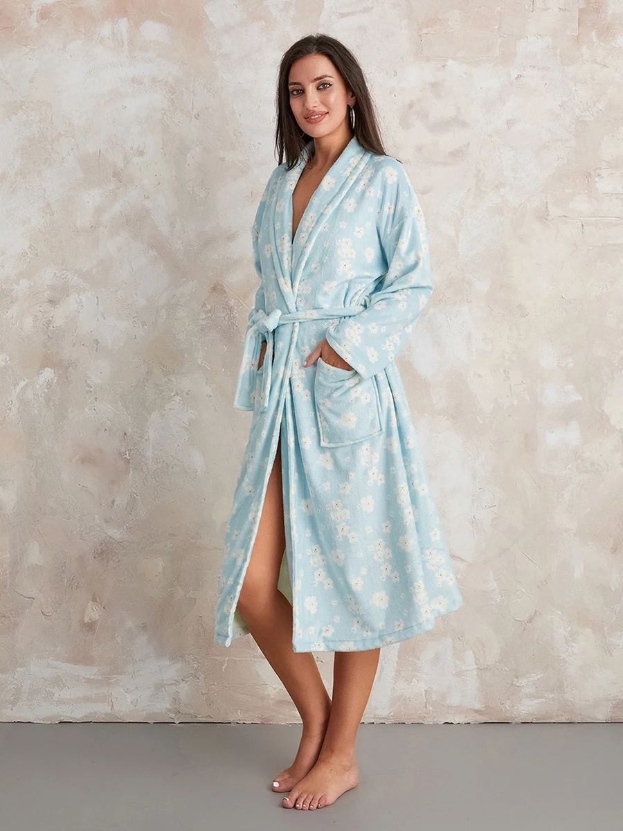 여성용 따뜻한 플란넬 로브, 겨울 가정용 잠옷, 프린트 긴팔 목욕 가운, 기모노 로브, 벨트 라운지웨어, 잠옷