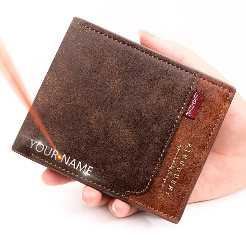 무료 이름 각인 남성용 짧은 지갑, 하이 퀄리티 클래식 카드홀더, 간단한 남성 지갑, 지퍼 동전 주머니, 남성 머니 클립