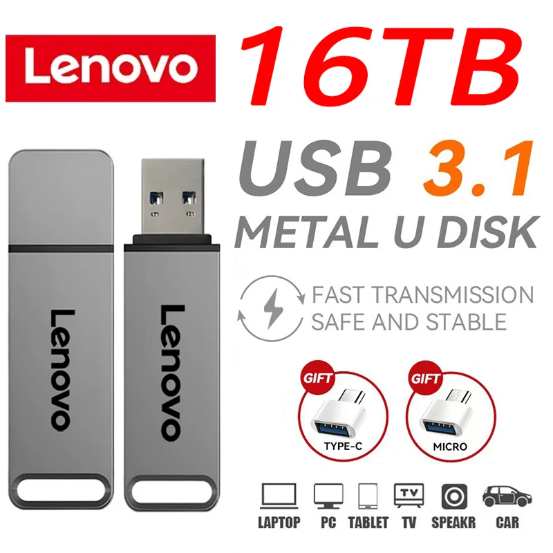 레노버 USB 플래시 드라이브, 고속 전송 금속 펜드라이브, 휴대용 메모리 스토리지, U 디스크, 방수 어댑터, 3.1, 2TB, 8TB, 16TB
