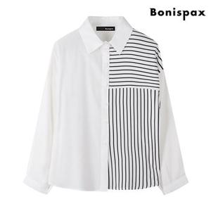 스트라이프 배색 카라 여성 긴팔 셔츠 (XO1BA051L0)