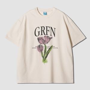 그랜피니 남녀공용 오버핏 로고 플라워 라운드 반팔 티셔츠
