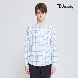 [티비제이]남성 코튼린넨 루즈핏 밴드카라 체크 셔츠(T202SH110P)