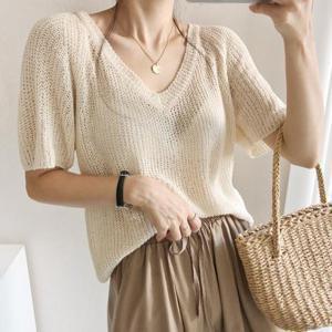 [드레스날다]여성미가득담아 브이넥 시스루 반팔니트(knit655)