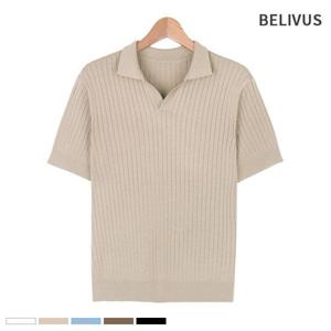 [빌리버스]남자 반팔티 BRE033 골지 오픈 카라 니트 티셔츠