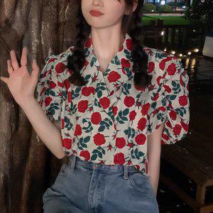 나혼산 박나래 반팔 퍼프 꽃무늬 딸기 셔츠 여성 복고풍 블라우스 남방 스타일