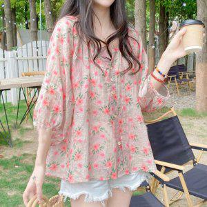 [오노마] ONM 여성 여름 퍼프 소매 꽃무늬 플라워 블라우스