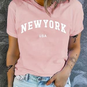 뉴욕 레터 그래픽 반팔 캐주얼 상의, 패션 라운드 넥 스포츠 티셔츠, 여성 액티브웨어
