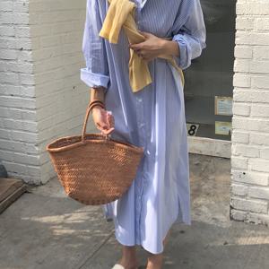 여성용 스트라이프 폴로 칼라 버튼 다운 롱 셔츠 드레스, 캐주얼 비치 커버업, 세련된 여름 의상