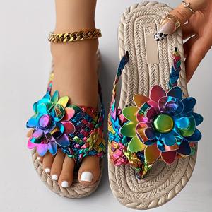 여성용 다채로운 꽃 장식 통 샌들, 슬립온 오픈 토 넌슬립 경량화 신발, 휴가 여름 해변 신발