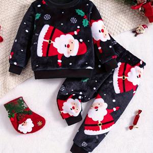 아기 소년과 소녀 크리스마스 패션 가을 겨울 플란넬 양복, 어린이 따뜻한 새 만화 산타 패턴 운동복 + 바지 투피스 홈 의류
