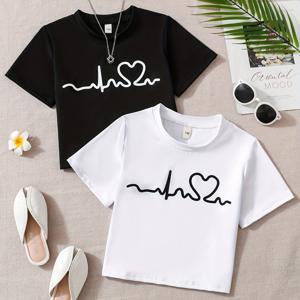 여름 야외 파티 선물용 여자 아동용 2pcs 캐주얼 심박동 프린트 반팔 티셔츠 세트