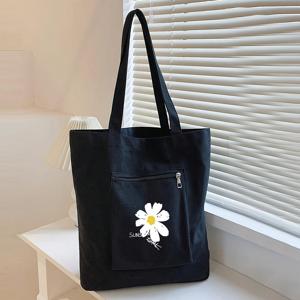 귀여운 꽃무늬 토트백, 대용량 캔버스 숄더백, 여성용 캐주얼 핸드백 및 재사용 가능한 쇼핑백