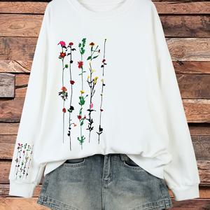 플러스 사이즈 꽃무늬 스웨트셔츠, 가을과 겨울을 위한 캐주얼 롱 슬리브 크루넥 풀오버 탑, 여성 플러스 사이즈 의류