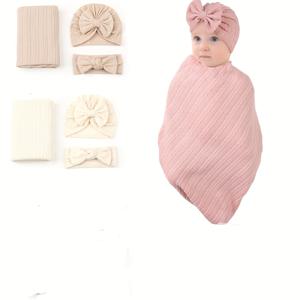 3 개/대 아기 Swaddle 랩 모자 머리띠 세트, 신생아 폴리 에스터-면 일반 색상 밀 곡물 에어컨 포장 담요 모자