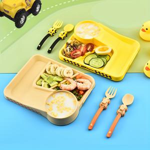 어린이 만화 레이싱 접시 포크 숟가락 세트, 아기 스스로 먹는 식기 세트, 식품 보충 분할 그릇, 아기용 집게발이 있는 안전한 접시 이스터 선물