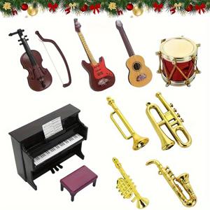 11pcs 인형 집 크리스마스 악기 액세서리 세트, 1:12 마이크로 트럼펫 색소폰 드럼 바이올린 기타 일렉트릭 기타 피아노 액세서리, 완벽한 크리스마스 및 생일 선물